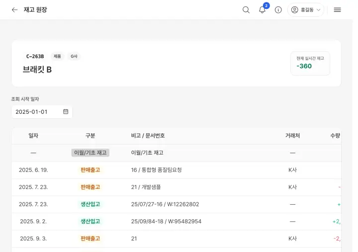 재고 원장 화면